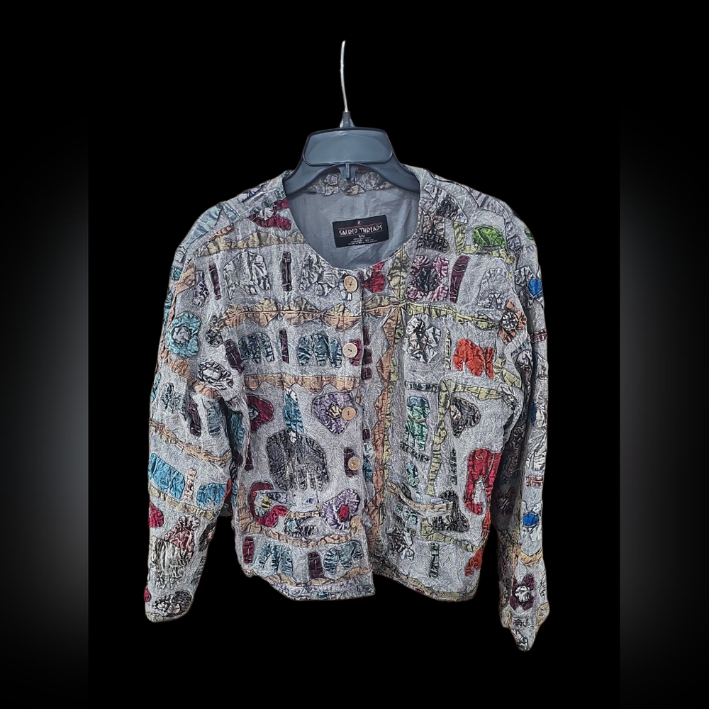 Sacred Threads S Gray Cotton Bohemian Ethnic Embroidery Elephant Applique Blazer